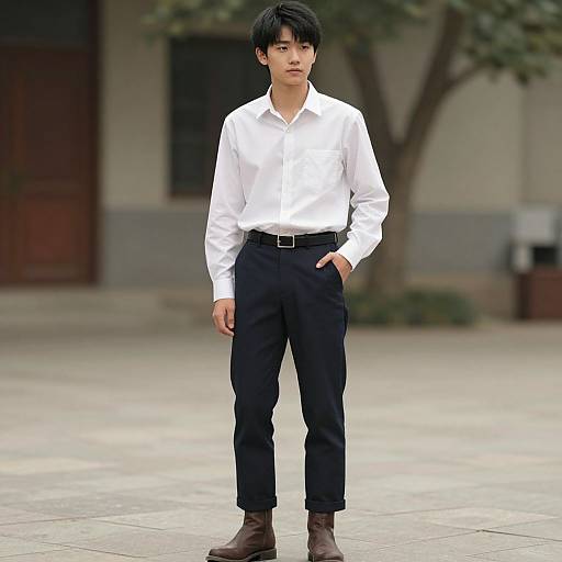 Photograph of an Asian man with black hair, wearing a white shirt, black pants, and brown boots, standing in a paved outdoor area with a