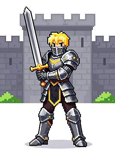 Pixel art of a blonde knight in silver armor holding a sword, standing in front of a gray stone castle.