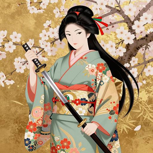 Elegant Japanese Woman in Kimono Illustration