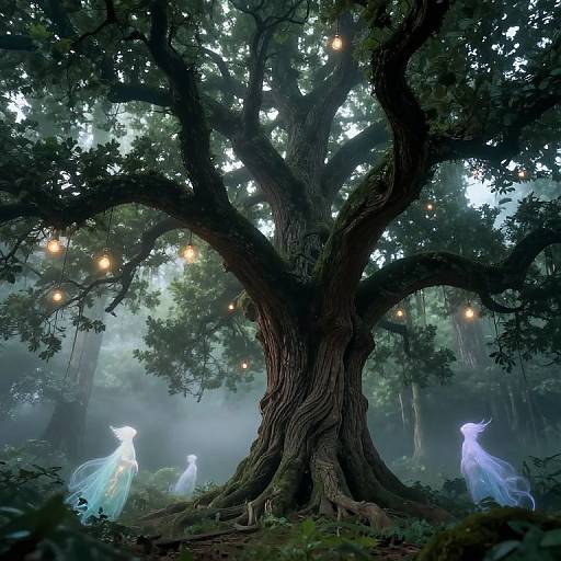 Fantasy forest scene: ethereal blue ghostly deer surround a massive, ancient tree with glowing lanterns hanging from its branches. Mysterious, mist