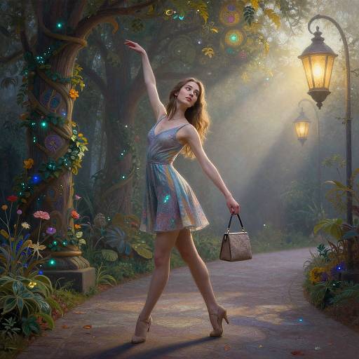 Dreamy photograph of a slender, long-haired brunette woman in a shimmering, sleeveless dress, dancing with arm raised and clutch in enchanted garden,