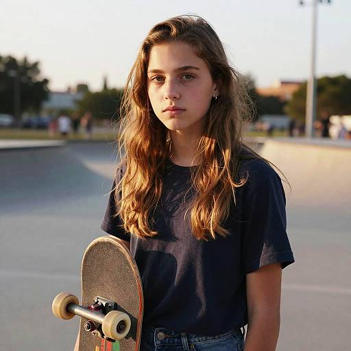 Photograph of a young woman with long, wavy brown hair, wearing a black t-shirt and holding a skateboard, standing in a sunlit,