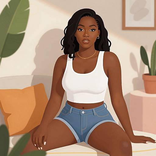 Digital illustration of a beautiful, dark-skinned woman with black wavy hair, wearing a white tank top and blue denim shorts, sitting on a white