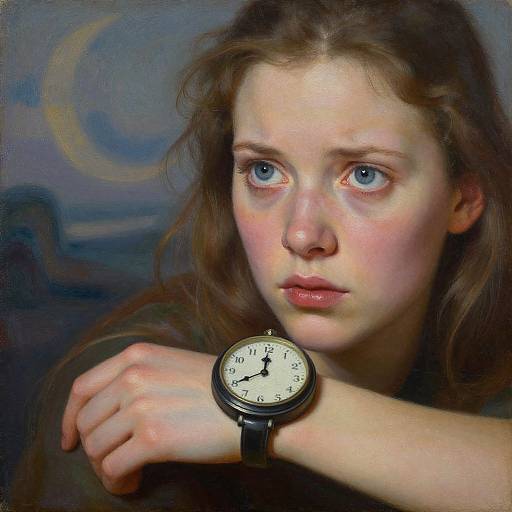 Realistic digital painting of a young woman with blue eyes, brown wavy hair, wearing a black wristwatch, gazing pensively at a cres