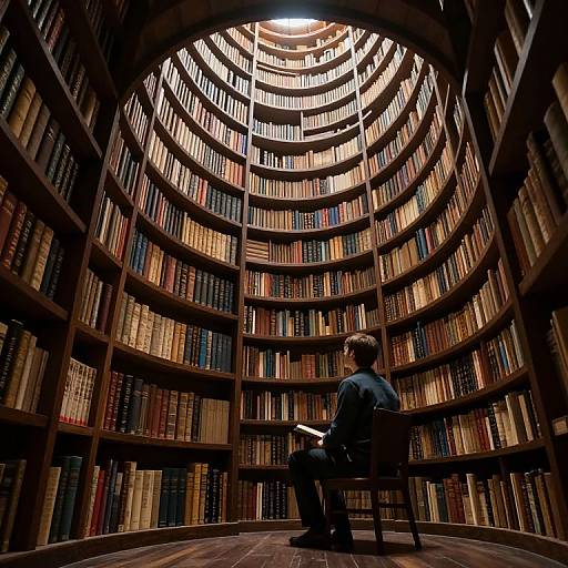 Photograph of a man in a dark suit, sitting on a wooden chair, reading a book in a circular, towering library with illuminated shelves of colorful