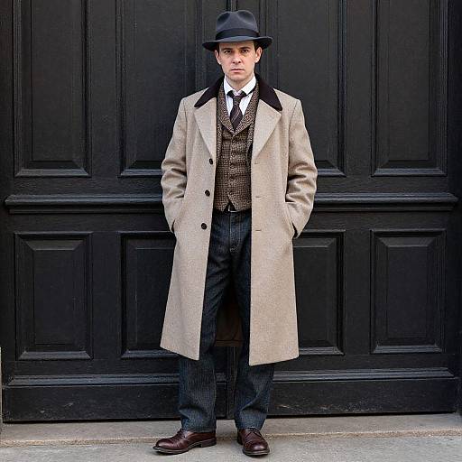 Photograph of a young boy in vintage attire: grey long coat, black fedora, white shirt, brown vest, black trousers, brown shoes,