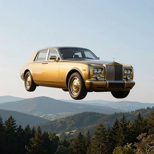 Golden Rolls-Royce sedan mid-air above forested mountains, clear blue sky, realistic photograph with vibrant colors and sharp details.