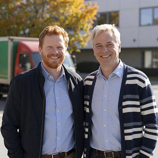 Two Men Smiling Outdoors in Casual Shirts