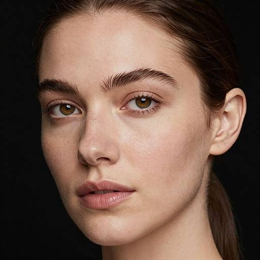 Photorealistic portrait of a young woman with fair skin, brown eyes, and brown hair, against a black background. She has subtle makeup, natural