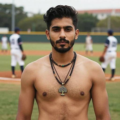 Shirtless Bearded Man with Tree Pendant