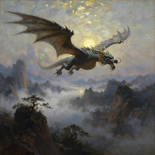 Ancient Dragon Over Misty Mountains