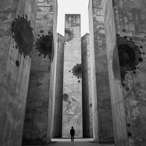 Black-and-white photograph of a solitary figure standing at the base of a towering, concrete structure with large, dark paint splatters. Bright light filters through