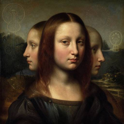 Digital alteration of Leonardo da Vinci's Mona Lisa, featuring three identical profiles of a woman with long brown hair, set against a dark, classic landscape background