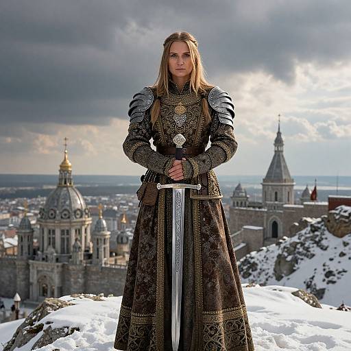Photorealistic digital artwork: Blonde, armored woman with long hair and a sword stands on snowy rooftop, medieval cityscape and dramatic sky in background.