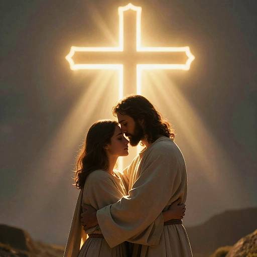 Jesus Embracing Man with Glowing Cross