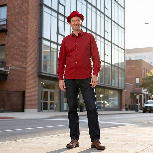 Photograph of a smiling middle-aged man with light skin, wearing a red shirt, dark pants, brown shoes, and a red hat, standing on