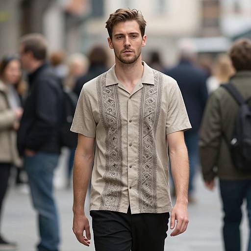 Photograph of a handsome, bearded man with short brown hair, wearing a beige, patterned button-up shirt and black pants, walking confidently in