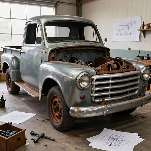 Photograph of a rusted, silver vintage truck with exposed engine in a dimly lit garage, surrounded by scattered blueprints, tools, and wooden
