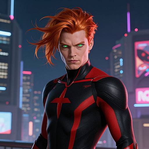 CGI image of a muscular, red-haired superhero with glowing green eyes, wearing a black and red suit, standing in a neon-lit cityscape