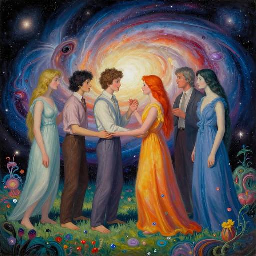 Digital painting of five ethereal figures in colorful dresses, standing in a magical, swirling galaxy garden, holding hands, surrounded by vibrant flowers and cosmic lights