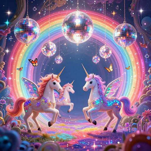 Fantastical digital artwork: Two white unicorns with colorful wings and sparkly manes dance under glowing disco balls and rainbow, surrounded by butterflies in
