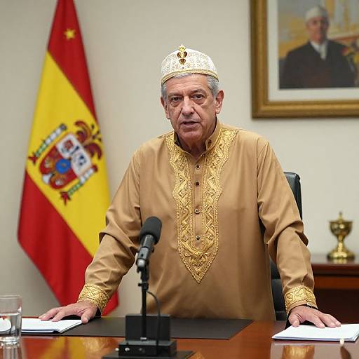 Photograph of elderly Catholic bishop in gold embroidered tan robe and white mitre, seated at desk with Spanish flag and portrait.