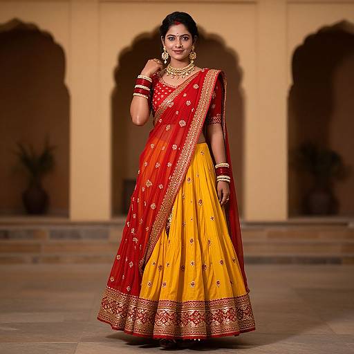Photograph of a beautiful Indian woman in a traditional red and yellow saree with gold embroidery, standing on a stone platform, wearing gold jewelry, and