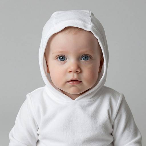 Photograph of a cute baby with blue eyes, wearing a white hooded sweatshirt, against a plain gray background.