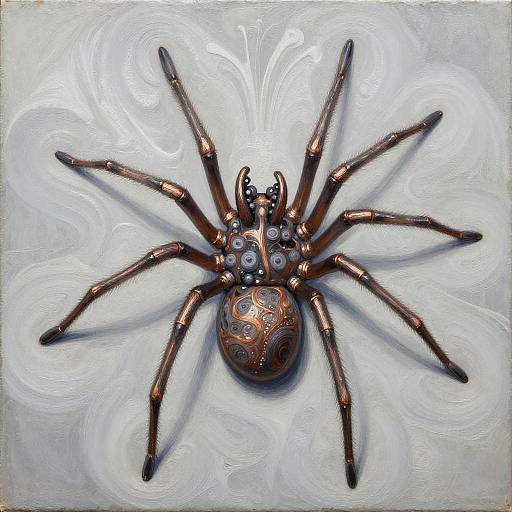 Detailed painting of a bronze spider with copper accents, intricate patterns on its abdomen, and long, segmented legs, set against a swirling white background.