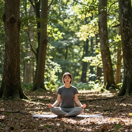 Photograph of a woman with brown hair in a gray t-shirt and pants, sitting cross-legged in a forest, practicing yoga with a calm expression,