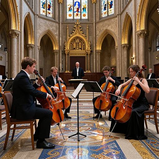 Photograph of four male musicians in black suits playing violins in a grand, ornate cathedral with colorful stained glass and intricate tile floor.