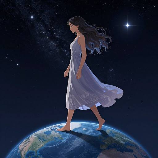 Digital illustration of a barefoot, long-haired woman in a flowing white dress standing on Earth, with stars in the dark cosmic background.