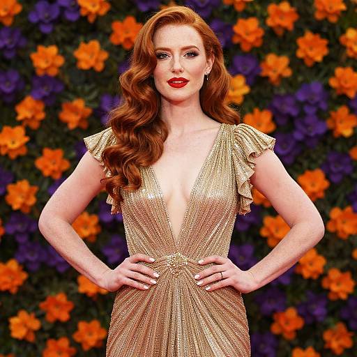 Photograph of a red-haired woman with wavy hair, wearing a shimmering gold, deep V-neck dress, hands on hips, against a colorful
