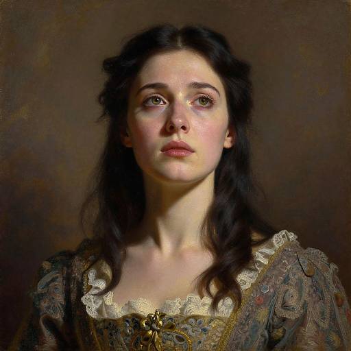 Digital portrait of a young woman with fair skin, dark wavy hair, and delicate lace-trimmed dress, gazing upward with a thoughtful expression