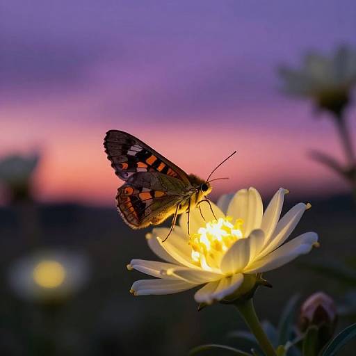 Photograph of a black and orange-patterned butterfly perched on a glowing white flower against a vibrant purple and pink sunset sky.