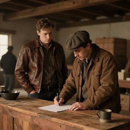 Rustic Warehouse Scene with Two Men
