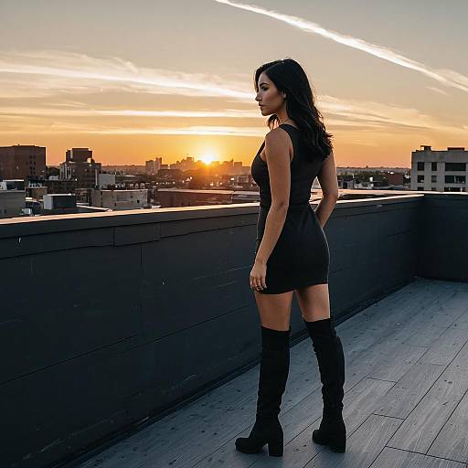 Woman in Black Dress on Rooftop at Sunset