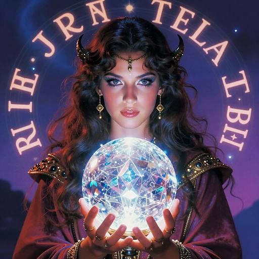 Digital art of a dark-haired, demon-like woman with horns, glowing blue crystal ball, golden jewelry, and 