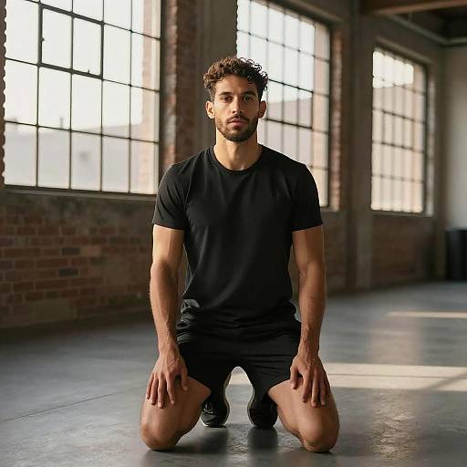 Photograph of a muscular, bearded man with curly brown hair, wearing a black t-shirt and shorts, kneeling on a concrete floor in a sun