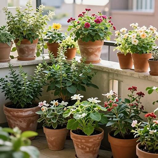 Sunlit Urban Balcony with Vibrant Planters