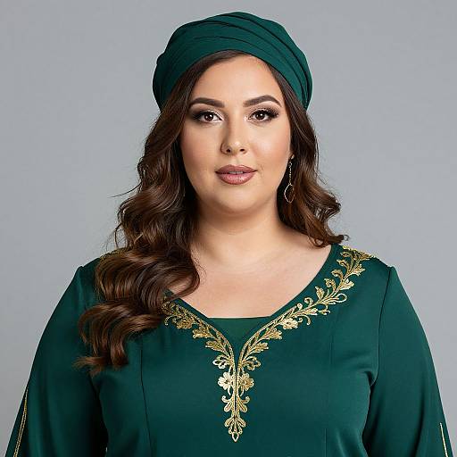 Photograph of a woman with wavy brown hair, green headscarf, and dark green top with gold embroidery, against a light blue background.