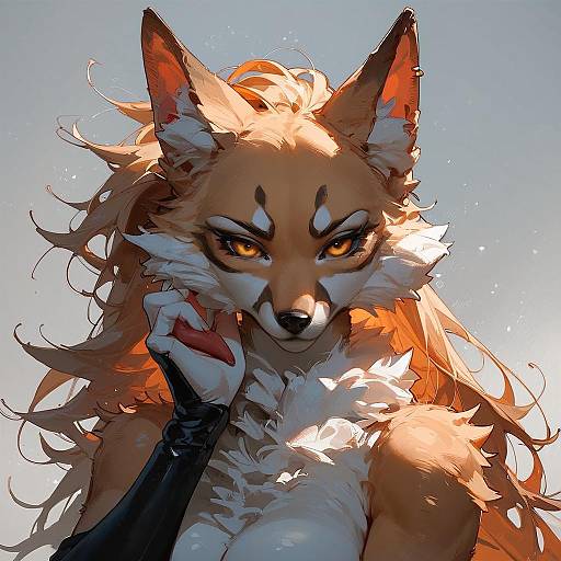 Digital illustration of a fierce, anthropomorphic fox with glowing orange eyes, long wavy blonde fur, and a black arm, holding a red object against