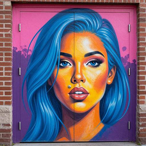 Bright graffiti mural of a woman with vivid blue hair, orange skin, and piercing blue eyes on a pink and purple door.