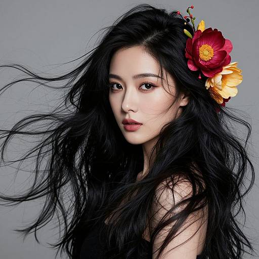 Photograph of an Asian woman with long, flowing black hair, wearing a vibrant red and yellow flower crown, against a gray background.