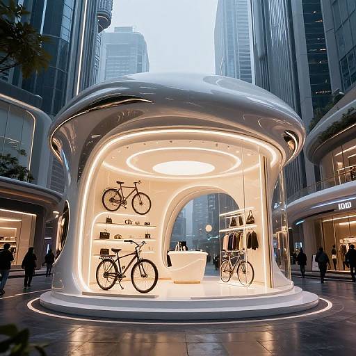 Photograph of a sleek, futuristic, illuminated bicycle kiosk with silhouetted bicycles inside, set in a bustling urban plaza surrounded by modern skys