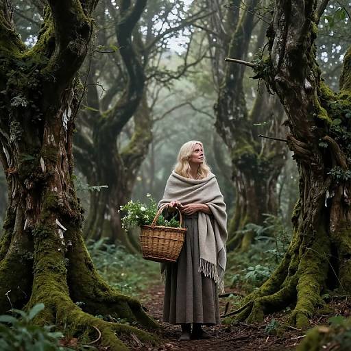 Photograph of a blonde woman with fair skin, wearing a beige shawl and long gray dress, holding a wicker basket of herbs, standing in