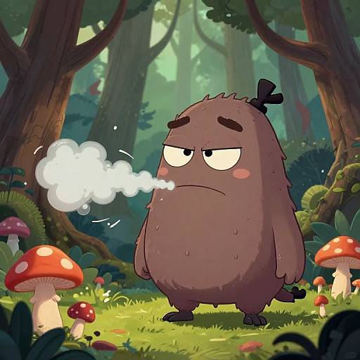 Cartoon brown, chubby creature with black antennae and half-lidded eyes exhales a cloud in a forest with red mushrooms. Digital art style