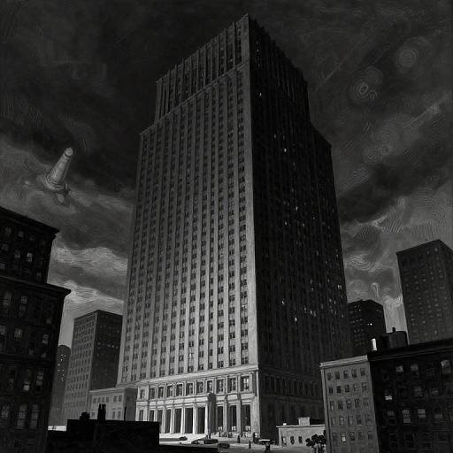 Black and white photograph of a tall, illuminated skyscraper with dark, swirling clouds in the dramatic sky, flanked by shadowy buildings.