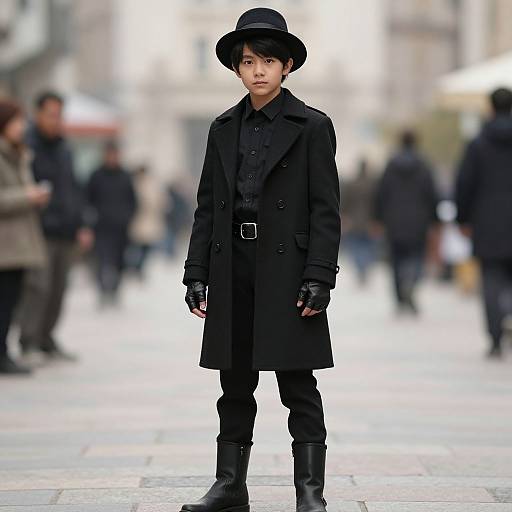 Photograph of an Asian man in a black trench coat, hat, gloves, and boots standing in a blurred urban street.