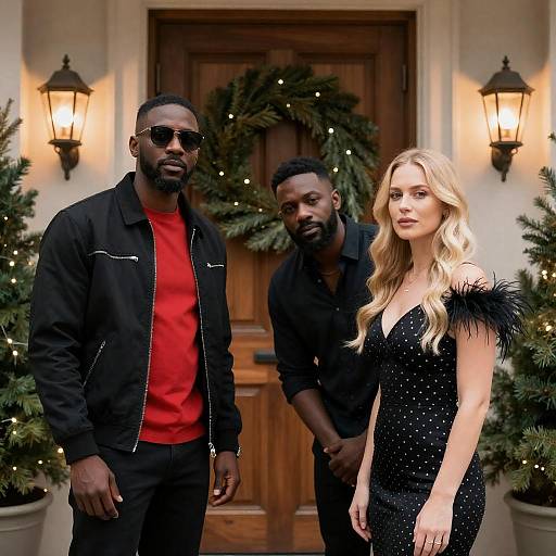 Three people posing in front of decorated door during Christmas